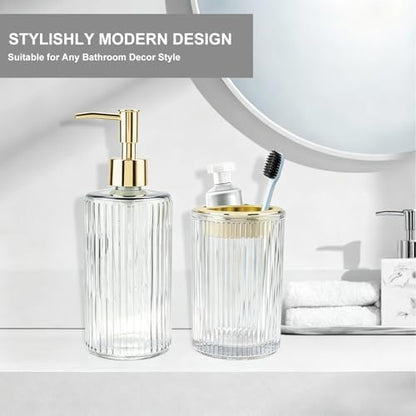 Clear Glass Bathroom Accessories Set, Soap Dispenser and Toothbrush Holder