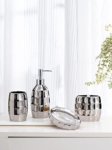 Silver Bathroom Accessory Set, Mosaic Ceramic Bathroom Accessories Set Include Lotion Dispenser, Toothbrush Holder Tumbler, and Soap Dish