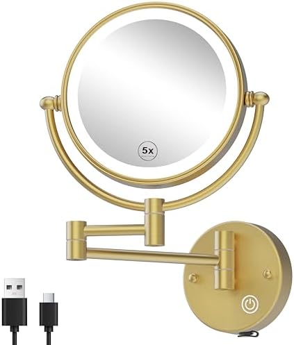 Rechargeable Wall Mount Makeup Mirror Gold for Bathroom, Upgraded Brightness 3 Colors LED Dimmable 360 Rotation Wall-Fixed Ergonomically 1X/5X Magnifying Mirror with Swing Arm, Brushed Gold