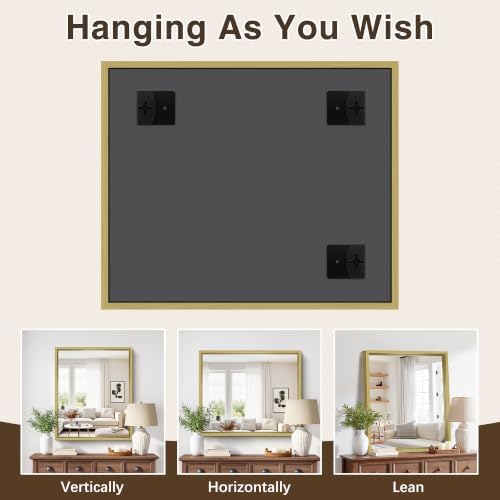 Bathroom Mirror, 30 x 36 inch Natural Wood Grain Colored Aluminum Metal Frame Bathroom Vanity Mirror, Rectangle Wall Mirror for Bedroom Living Room, Tempered Glass, Horizontal or Vertical