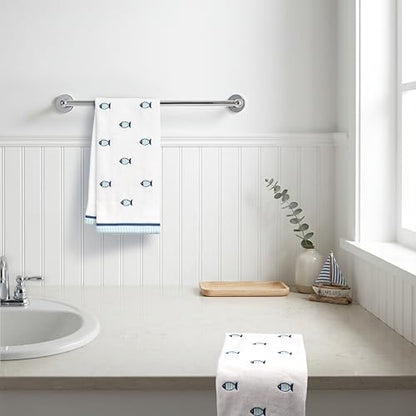 Ritz 2-Piece Cotton Velour Bathroom Hand Towel Set, Embroidered Allover Fish Design, White & Blue Nautical Decorative Towels for Lake House, Beach, Coastal Decor, 16” x 26”