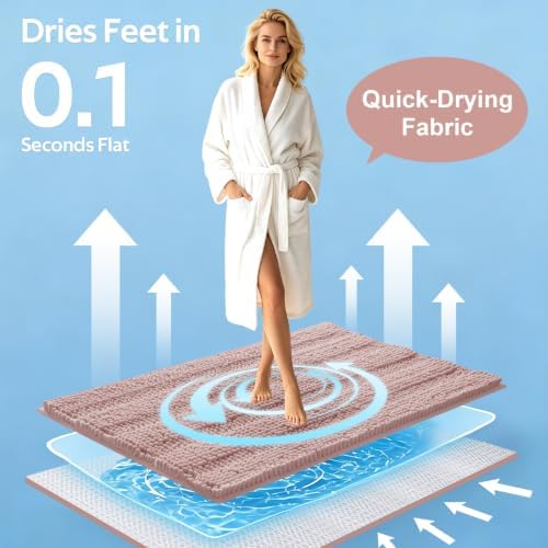 ACCUMTEK Striped Dusty Pink Bathroom Rug Mat Set 2 piece 24"x17"+48"x20" Ultra Soft, Non Slip Chenille Bath Rugs, Absorbent Plush Shaggy Bath Mats for Bathroom, Bedroom, Kitchen, Shower, Tub