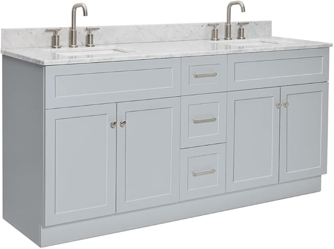 ARIEL Hamlet 72-inch Bathroom Vanity with Sink,Solid Wood, 0.75-inch Italian Carrara Marble Countertop & Backsplash, Double Oval Sink, 4 Soft Closing Doors, 3 Dovetail Drawers, Grey