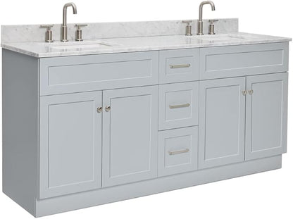 ARIEL Hamlet 72-inch Bathroom Vanity with Sink,Solid Wood, 0.75-inch Italian Carrara Marble Countertop & Backsplash, Double Oval Sink, 4 Soft Closing Doors, 3 Dovetail Drawers, Grey