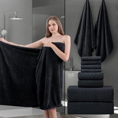 8-Piece Black Bath Towels Set,2 Oversized Large Bath Towels Sheet,2 Hand Towels and 4 Washcloths - 600 GSM Soft Luxury Towel Set,Highly Absorbent Quick Dry Towel Collection for Bathroom,Hotel and Spa