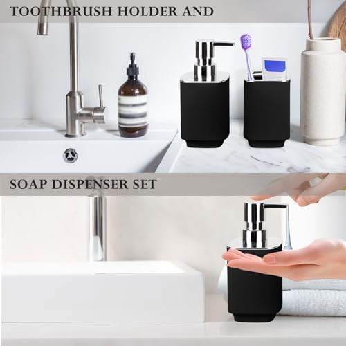 Black Bathroom Accessories 2 Pcs, Soap Dispenser and Toothbrush Holder Set