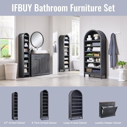 IFBUY 67" Tall Arched Bathroom Storage Cabinet, 8-Tier Modern Farmhouse Storage Cabinet with Adjustable Shelves, Wood Freestanding Cabinet for Bathroom, Living Room, Entryway, Hallway (Dark Grey)