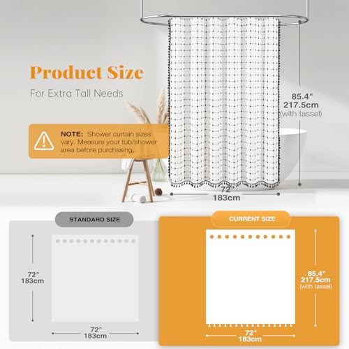 BTTN Long Boho Farmhouse Linen Cloth Shower Curtain, 72x84, White and Black