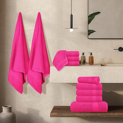 GLAMBURG Ultra Soft 24-Piece Towel Set - 100% Pure Ringspun Cotton, Contains 8 Oversized Bath Towels 27x54, 8 Hand Towels 16x28, 8 Wash Cloths 13x13 - Ideal for Everyday use, Hotel & Spa - Hot Pink