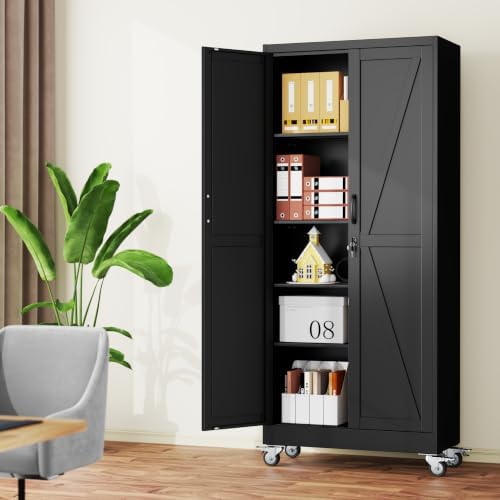 71" Metal Garage Storage Locker Cabinet with Wheels,Rolling Black Farmhouse Kitchen Pantry Cabinet with 2 Doors and 4 Adjustable Shelves, Steel File Tool Cabinet for Home Office Warehouse