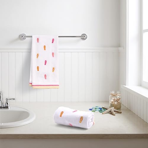 Ritz 2-Piece Cotton Velour Bathroom Hand Towel Set, Embroidered Flip Flop Pattern, Soft Decorative Towels in Warm Pink and Orange, Coastal Tropical Decor, 16” x 26”