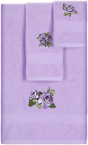 3 Pcs Rustic Purple Roses Bathroom Towel Set Farmhouse Embroidered Purple Roses Towels Vintage Decorative 100% Cotton Bath Towel Highly Absorbent Elegant Summer Decor Set for Bathroom