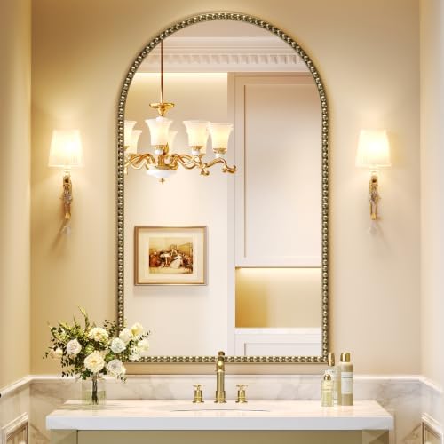 Champagne Bronze Mirror for Bathroom, 24"x40" Arched Beaded Mirror