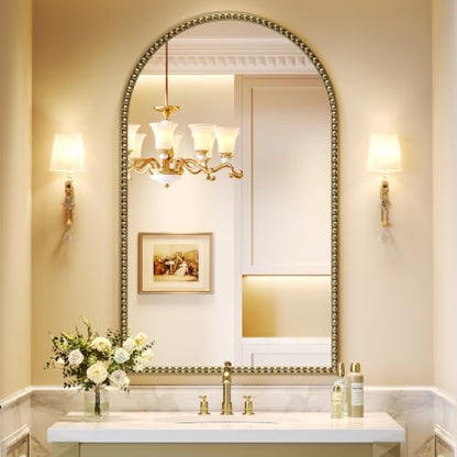 Champagne Bronze Mirror for Bathroom, 24"x40" Arched Beaded Mirror