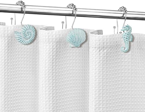 Sunlit Seashells Decorative Double Shower Curtain Hooks, Aqua Blue Ocean Creatures Coastal Shower Curtain Rings, Resin, Nautical Bathroom Decoration Beach Shower Curtain Hooks-12 Pack