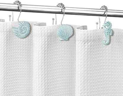 Sunlit Seashells Decorative Double Shower Curtain Hooks, Aqua Blue Ocean Creatures Coastal Shower Curtain Rings, Resin, Nautical Bathroom Decoration Beach Shower Curtain Hooks-12 Pack
