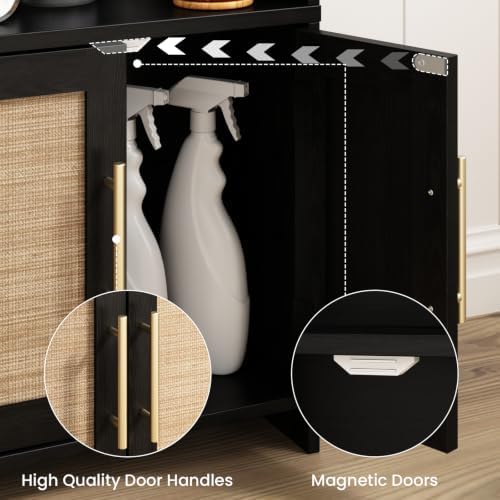 Small Bathroom Storage Cabinet with 2 Doors & Shelf,Rattan Black