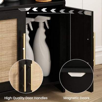 Small Bathroom Storage Cabinet with 2 Doors & Shelf,Rattan Black