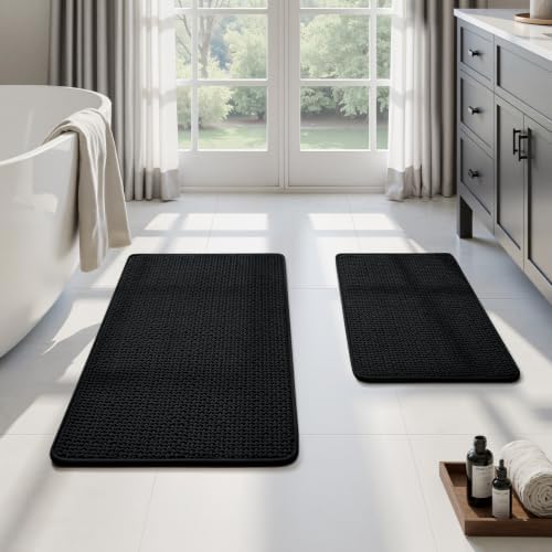HOMEIDEAS Bathroom Rugs Set 2 Piece Thin Non Slip, Black 17"x24"+20"x32"