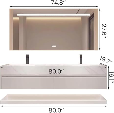 Bathroom Vanity with Sink, Single Sink Bathroom Vanity with Smart LED Defog Mirror, Display Time, Ceramic Sink, Soft Closing, Fully Pre-Assembled (White, 80in Mirror Double Sink)