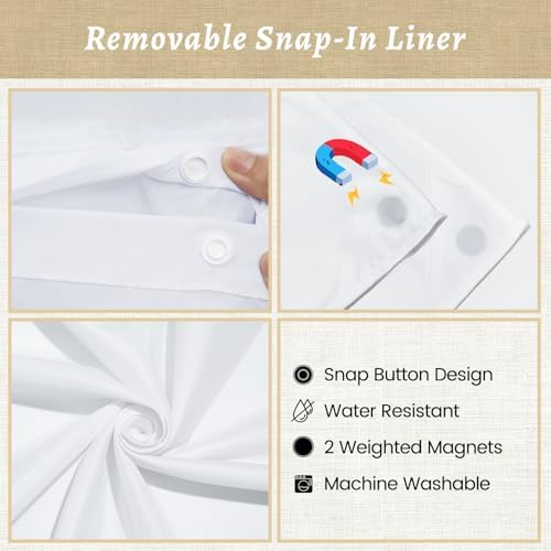 WONICY No Hook Shower Curtain with Snap-in Liner, White, 71 x 80