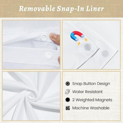 WONICY No Hook Shower Curtain with Snap-in Liner, White, 71 x 77