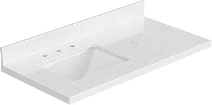 ARIEL 42 inch Bathroom Vanity top with Sink, 1.5 Inch Thick Miter Edge Carrara White Quartz top, Left Offset Vanity top with Rectangle Porcelain Sink, Includes Backsplash