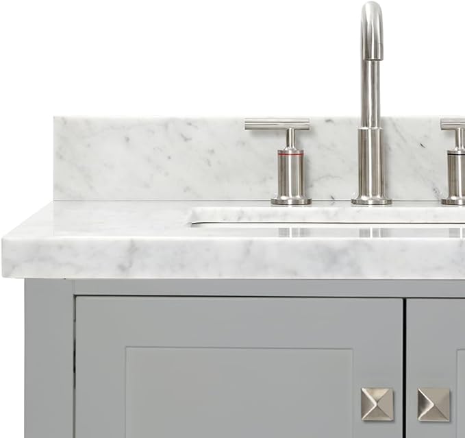 ARIEL Cambridge 72-inch Bathroom Vanity with Sink,Solid Wood, 1.5-inch Italian Carrara Marble Countertop, Double Rectangular Porcelain Sink, 4 Soft Closing Doors, 6 Dovetail Drawers, Grey