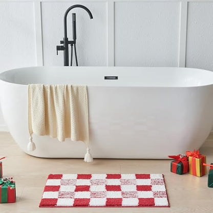CozeCube Christmas Red Checkered Bath Mat 24"x16" Non Slip Washable Rug