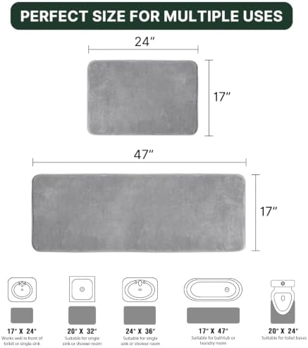 H.VERSAILTEX Kitchen Mat 2 PCS Non Slip Memory Foam Flannel Velvety Kitchen Runner Rug Set for Floor Standing Rugs (47" x 17" + 24" x 17", Grey)