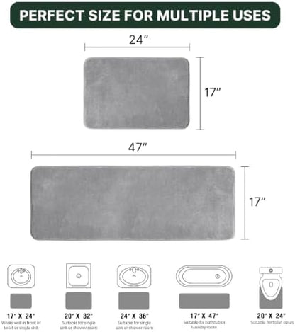 H.VERSAILTEX Kitchen Mat 2 PCS Non Slip Memory Foam Flannel Velvety Kitchen Runner Rug Set for Floor Standing Rugs (47" x 17" + 24" x 17", Grey)