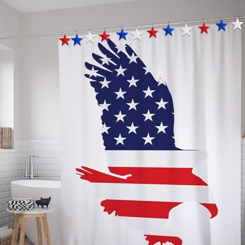 12-Piece 4th of July Red White Blue Stars Shower Curtain Hooks, Fourth of July Patriotic Stainless Steel Decorative Shower Hangers Rings for Bathroom Decor