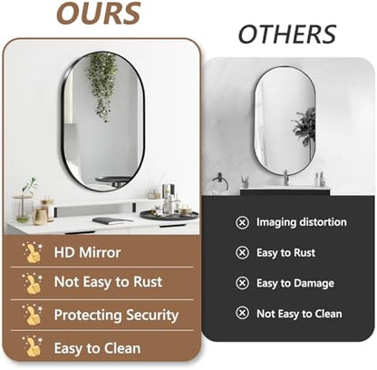 Black Oval Mirror, 17"x30" Oval Bathroom Mirror, Vanity Mirror with Brushed Metal Frame, Wall Mount Mirrors Decor for Bathroom, Bedroom, Entryway, Living Room(Hangs Horizontally or Vertically)