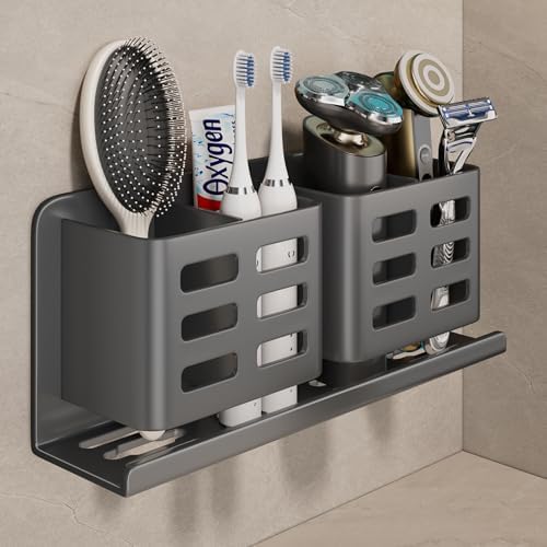 Aluminum Toothbrush Holder， Wall-Mounted，Bathroom Rack，4 Slot，Grey