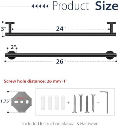 24 Inch Black Towel Bar for Bathroom Wall Mounted,SUS304 Stainless Steel