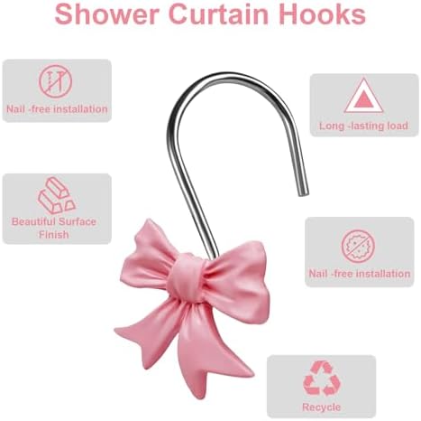 Bow Knot Decorative Shower Curtain Hooks, 12pcs Pink Cute Art Deco Resin Rust Resistant Hooks Glide Shower Ring Hangs Holder Bling for Girl Bathroom Baby Room Nursery