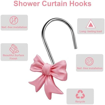 Bow Knot Decorative Shower Curtain Hooks, 12pcs Pink Cute Art Deco Resin Rust Resistant Hooks Glide Shower Ring Hangs Holder Bling for Girl Bathroom Baby Room Nursery
