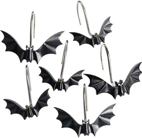 CHICTIE Halloween Shower Curtain Hooks, Cute Bat Decorative Shower Rings for Shower Curtains Rods,Set of 12 Black Shower Hooks Hangers Rust-Resistant Babys Girls Room Bathroom