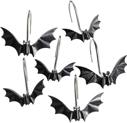 CHICTIE Halloween Shower Curtain Hooks, Cute Bat Decorative Shower Rings for Shower Curtains Rods,Set of 12 Black Shower Hooks Hangers Rust-Resistant Babys Girls Room Bathroom