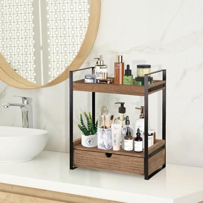 Ukonvi 2-Tier Bathroom Organizer Countertop with Drawer, Wood Counter Shelf for Storage, Vanity Tray for Organization and Decor, Countertop Organizer for Bathroom, Kitchen, Office (Dark Brown)