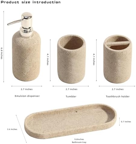 Bathroom Accessories Set,4 PCS Bathroom Organizer,Sand Stone Look,Beige