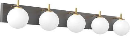 Aipsun Mid Century Modern Bathroom Vanity Light Over Mirror 5 Lights Milky White Globe Glass Black/Golden Bathroom Light Fixture(Exclude Bulb)
