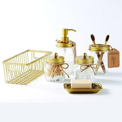 SheeChung Mason Jar Bathroom Accessories Set, 6Pcs Rustic Bathroom Set,Gold