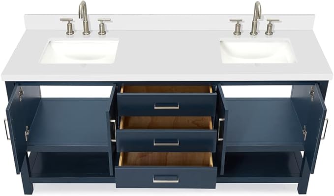 DKB Olivia 72" Midnight Blue Double Bathroom Vanity, 1.5" Pure White Quartz Countertop, Rectangular Undermount Sinks, 4 Soft-Closing Doors, 3 Dovetail Full Extension Drawers