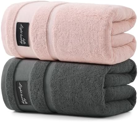 REDKISS 2 Pack Large Bath Towels Set, 100% Cotton, 32x63 in, Heavyweight 760G, Highly Absorbent & Quick Dry, Super Soft Luxury Towels for Bathroom,Hotel Collection - Pink Dark Gray