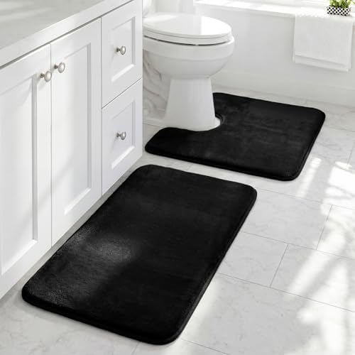 HUXMEYSON Bathroom Rugs Sets 2 Piece, Non-Slip & Quick Dry Bath Mat Set, Ultra Soft Velvet Bath Rugs for Bathroom, Toilet and Shower Floor, Black
