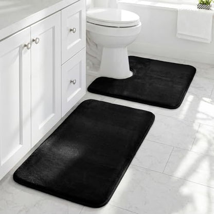 HUXMEYSON Bathroom Rugs Sets 2 Piece, Non-Slip & Quick Dry Bath Mat Set, Ultra Soft Velvet Bath Rugs for Bathroom, Toilet and Shower Floor, Black