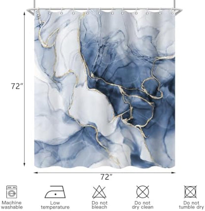 Blue Marble Shower Curtain Modern Abstract Luxury Gold Ink Texture Gray Ombre Watercolor Bathroom Curtain Set with Hooks Soft and Lightweight Waterproof Fabric Machine Washable 66" WX72 L