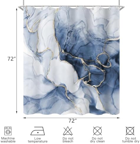 Blue Marble Shower Curtain Modern Abstract Luxury Gold Ink Texture Gray Ombre Watercolor Bathroom Curtain Set with Hooks Soft and Lightweight Waterproof Fabric Machine Washable 72" Wx84 L