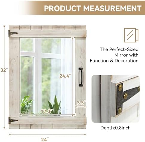 Oakrain Farmhouse Mirror, 24x32 Inch Distressed White Wood Frame with Black Metal Hinges, Rustic Wall Mirror for Bathroom, Living Room, Entryway, Bedroom